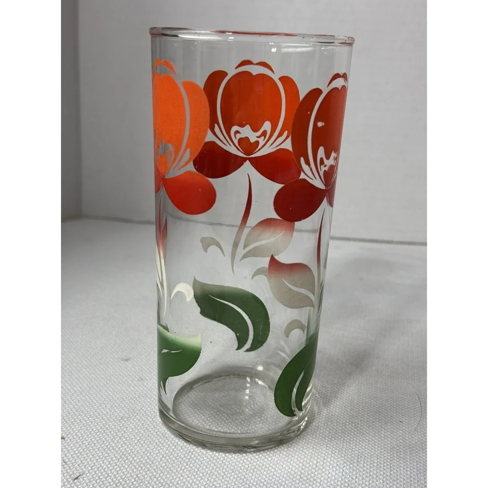 MCM Clear‎ Red Orange Tulip Green Leaf Juice Glass
